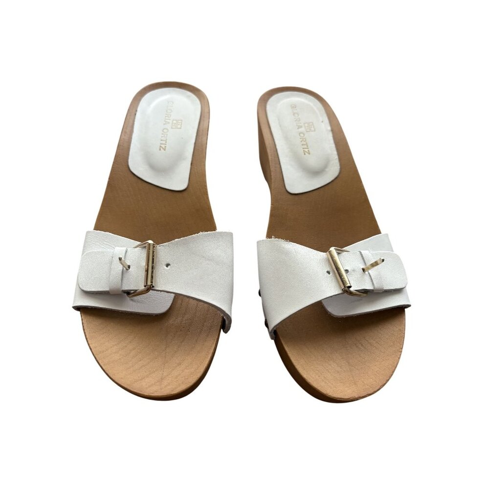 Gloria Ortiz Wooden Bottom Slide Sandals in White Leather Size 8.5